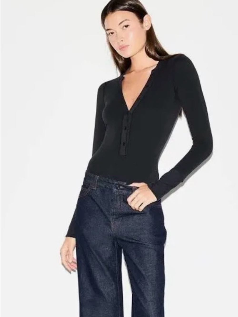 SKIMS Black Long-Sleeve V-Neck Button Bodysuit